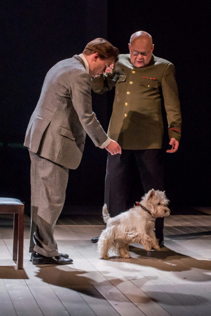 Indrek Sammul ja Ain Lutsepp koeraga lavastuses "Keskmängustrateegia".